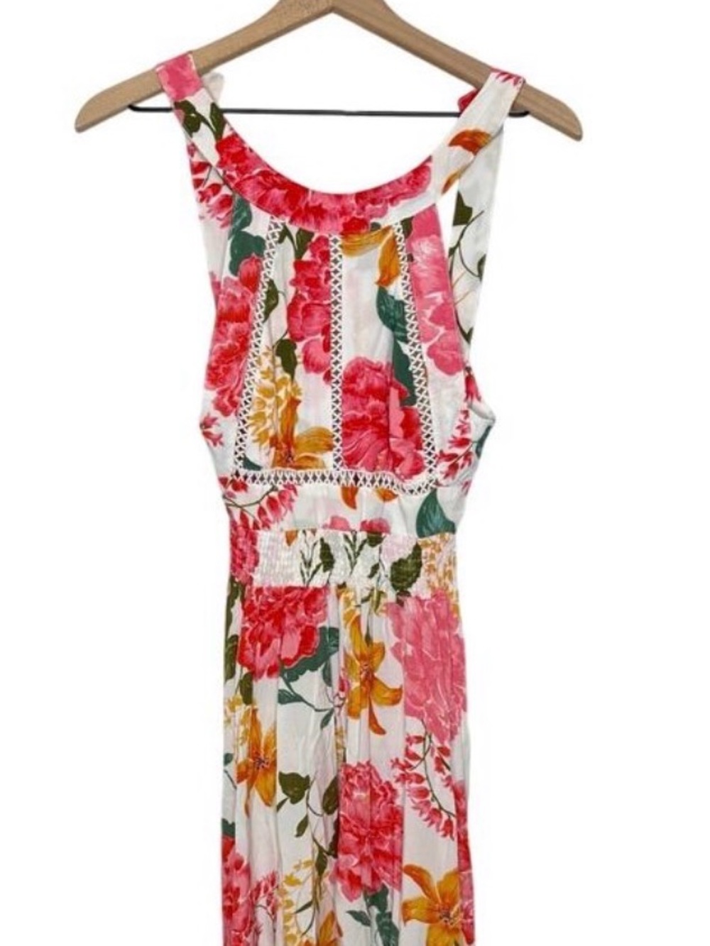 Anthropologie Floral Sleeveless Maxi Dress - White with Pink & Yellow Blooms Med